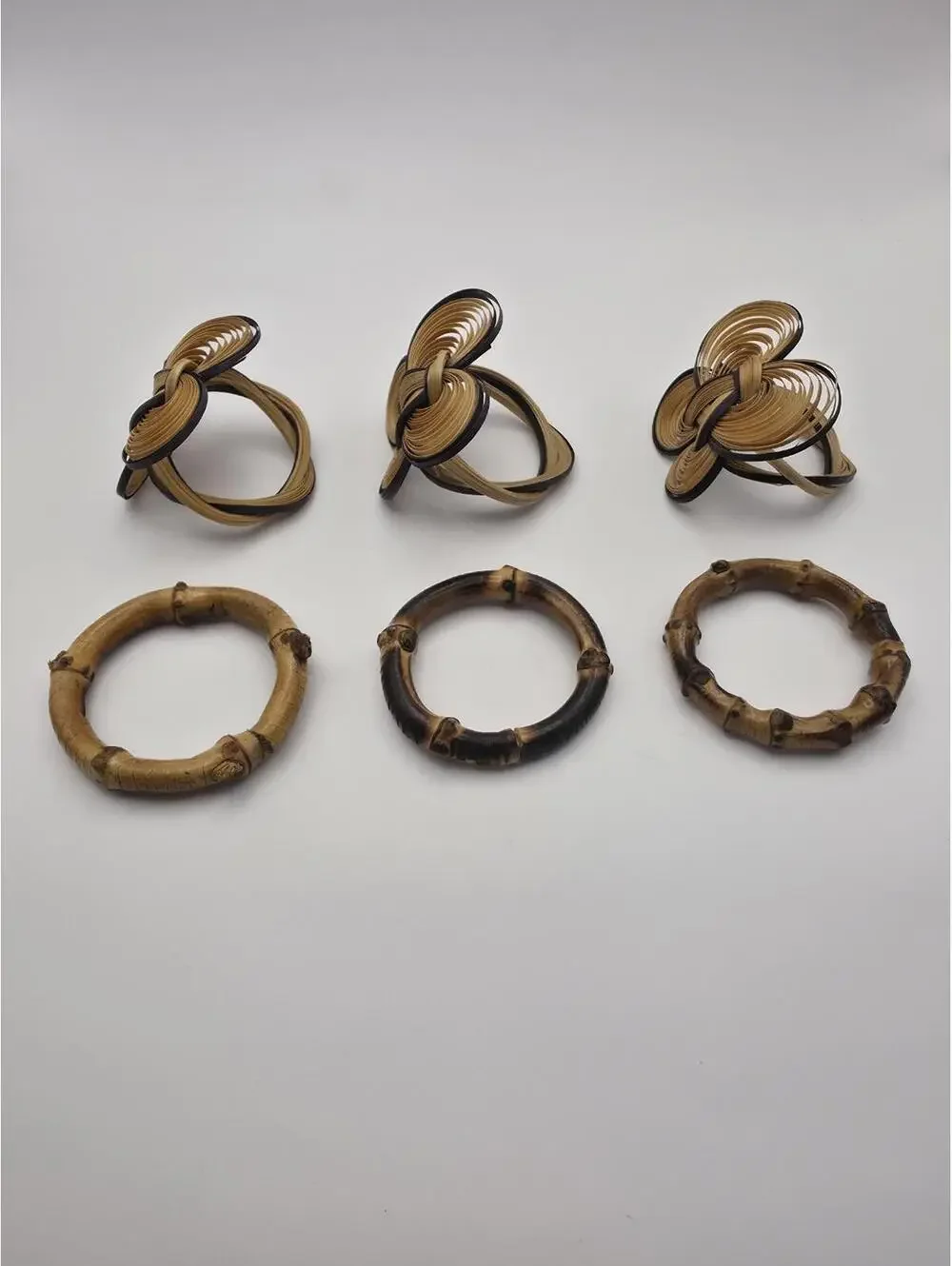 Vintage BAMBOO NAPKIN RINGS  Lot 6 Piece Set BOHO Natural Tiki & Woven Wicker